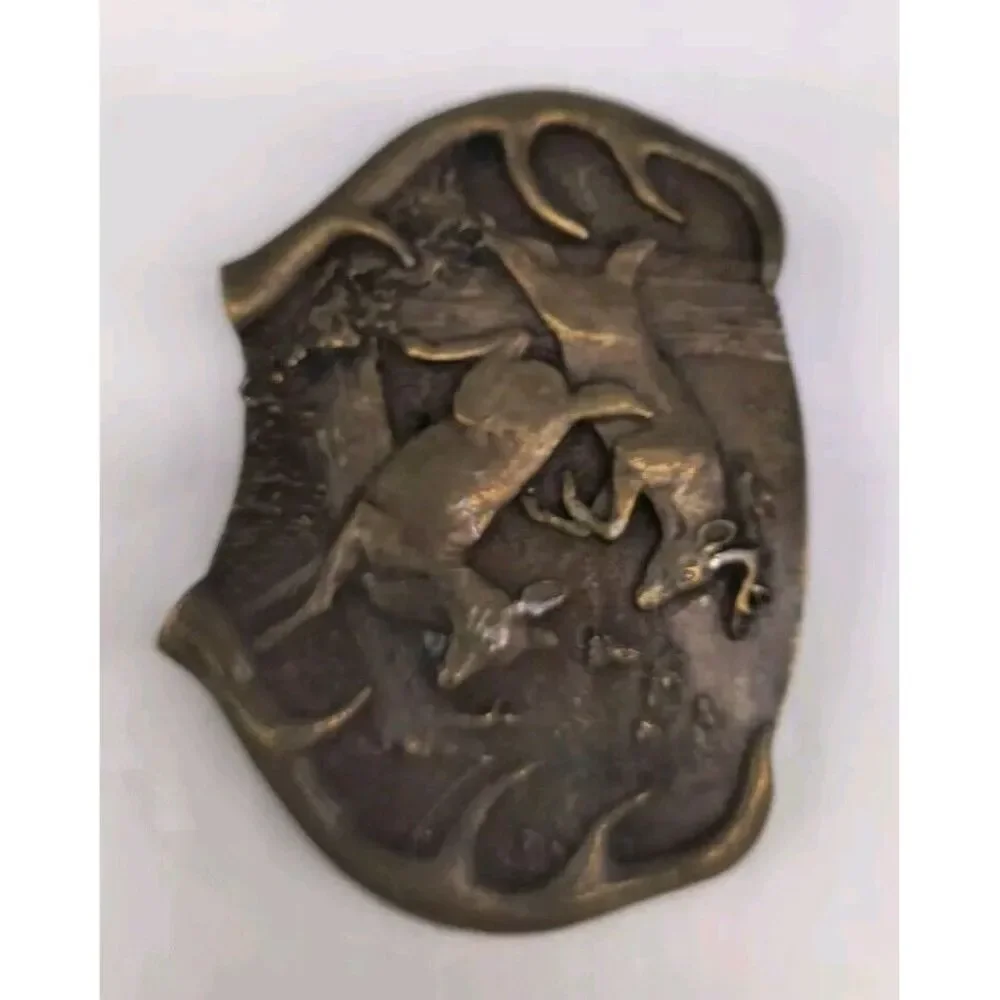 Vintage 1977 Bergamont Brass Works Belt Buckle Jumping Deer White Tail Antlers
